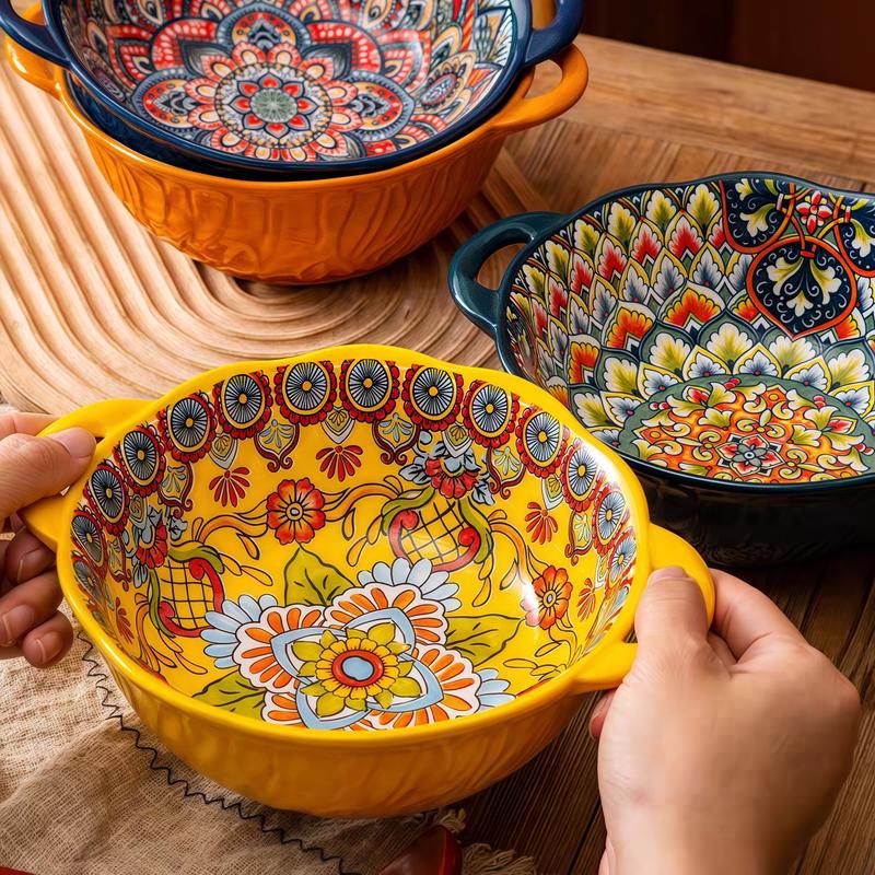 4 Piece Boho Ceramic Serving Bowls with Handles, 22 Oz Porcelain Salad Bowls, Large Serving Dishes for Entertaining, Mixing Bowls for Stew, Pasta, Cereal, Cute French Onion Soup  Bowls Set