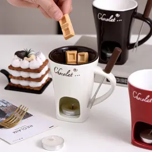 Ceramic Chocolate Melting Cup Set, Equipped with A Mini Heating Pot and Fork, Is Perfect for Baking Marshmallows and Dipping Sauce Fun, Bringing A Unique Melting Experience. It Is Suitable for Holiday Parties, Office and Home (beige)