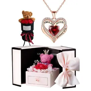 Valentine's Day Romantic Gift Set, Rose Bear Bucket, Heart Chain Necklace, Crown Bear Box, I Love You Diamond Pendant, Heart Shaped Necklace