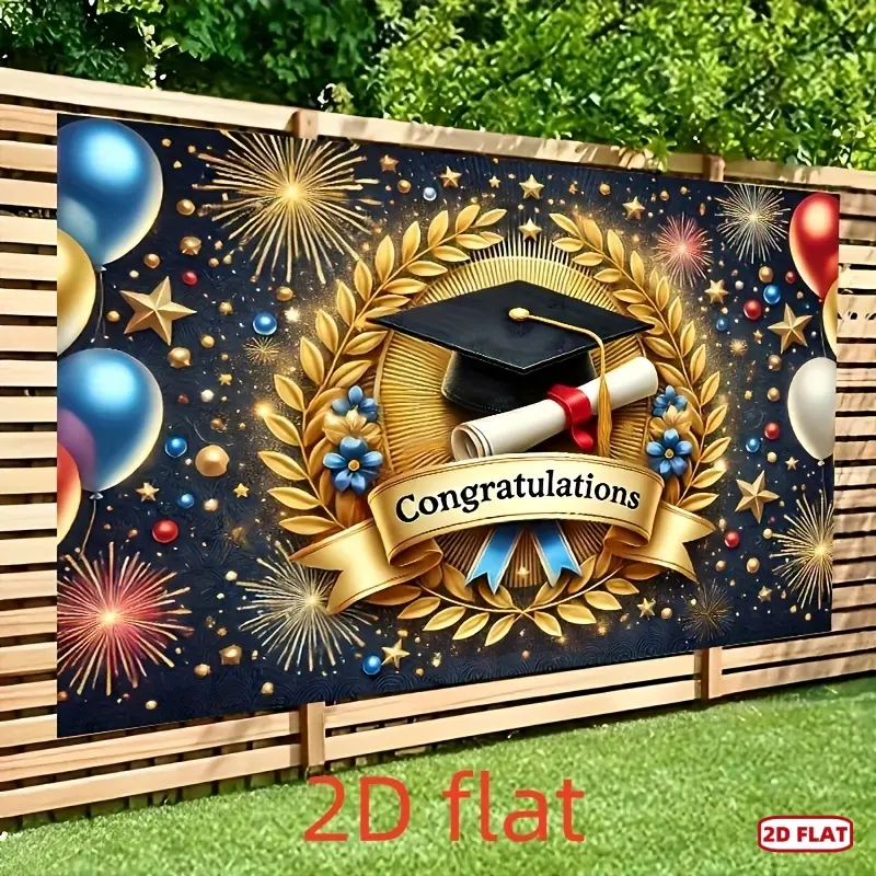 1pc 2D Flat Graduation Congratulations Banner - Durable Polyester, Vibrant Print, Diploma & Laurel Motif, Party Backdrop, Ideal for Indoor/Outdoor Party Decor & Photography Studio Props, Textile Decoration, Flat Banner