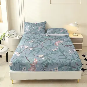 Three pieces with blue-gray Chinese-style leaf and flower patterns Fitted Sheet Set, Includes 1 Fitted Sheet & 2 Pillowcases, Ideal for Bedroom or Guest Room