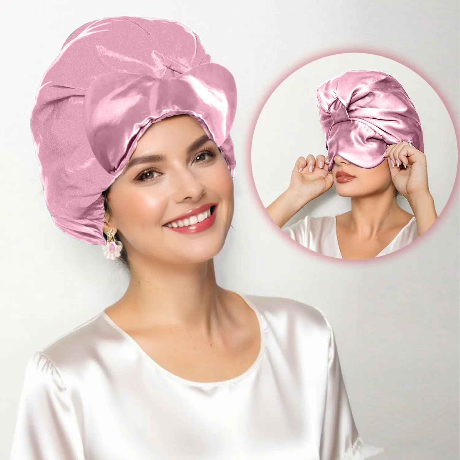 Satin Bonnet With Eye Mask Adjustable for Sleep Curly Hair Women\'s Pink Falote Adjustable Satin Sleep Bonnet Hats - Luxury Haircare  main image 4