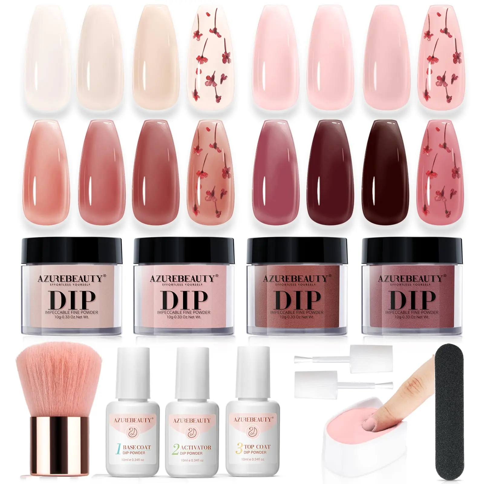 AZUREBEAUTY Dip Powder Nail Kit with Dried Flowers, 4 Jelly Transparent & Nude Brown Colors, Starter Set for Home Manicures Includes Base & Top Coat, Activator Liquid, and Tray, Cosmetic, Dip Powder Nails, Natural, Diy Nails At Home