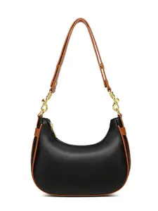 Pure Color Vintage Shoulder Bag, Unique Design Underarm Purse, New Fashion Versatile Crossbody Crescent Saddle Bag, Cowhide Leather Crossbody