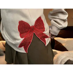 Embroidered Glitter Red Side Bow Appliqué Sweatshirt, Embroidered Glitter Red Christmas Side Bow Appliqué Sweatshirt