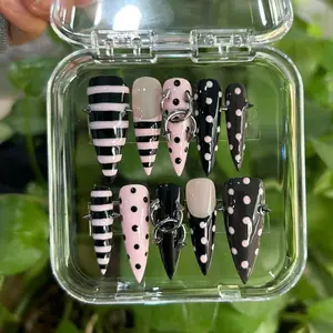 Pink and Black Polka Dot Press-On Nails: Handmade Nail Set for Parties