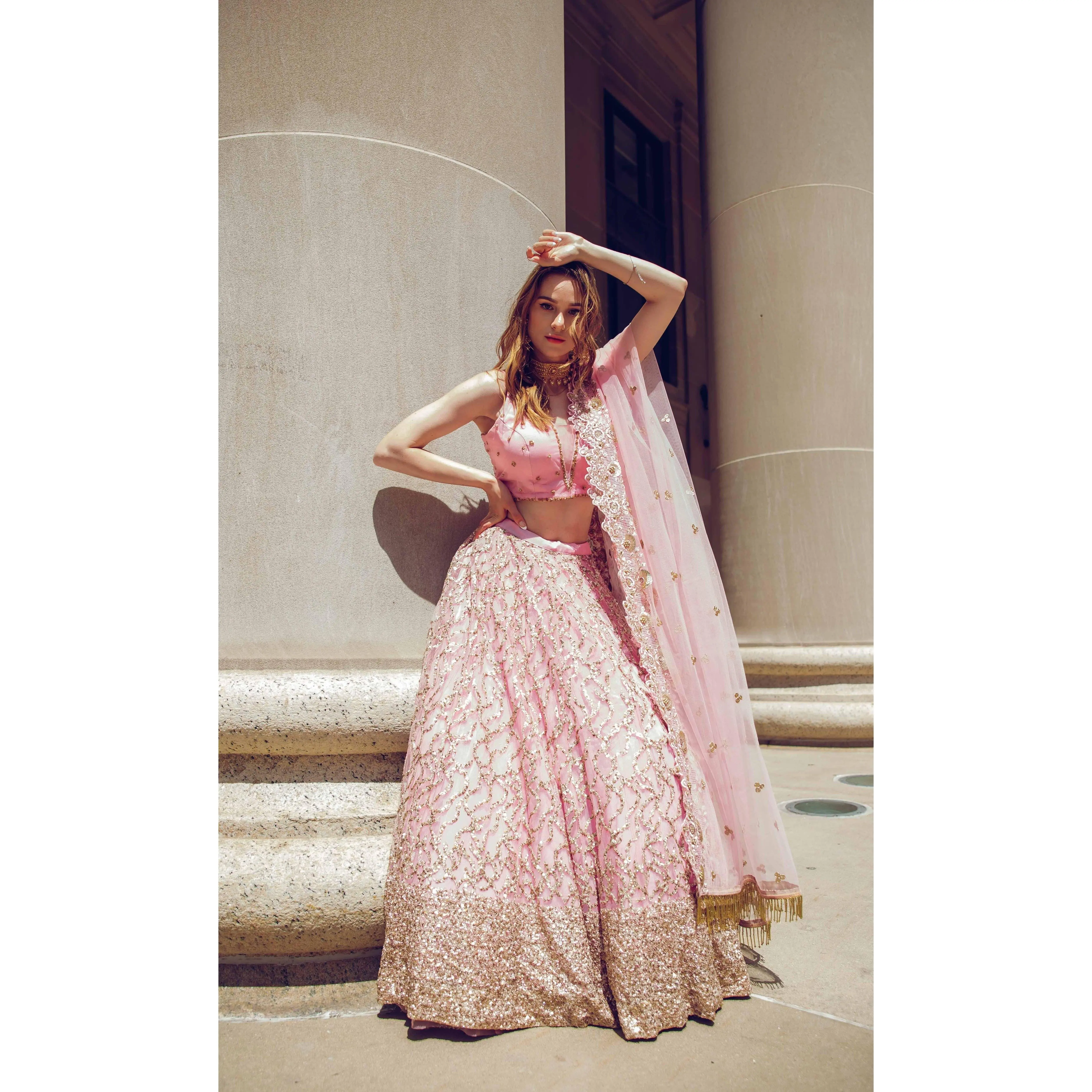 Pink Lehenga Choli with All-Over Sequins Embroidery