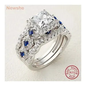 Newshe 3 Pcs Wedding Rings Set for Women 925 Silver 2.6Ct Princess Cut White Blue AAAAA CZ Luxury Bridal Engagement Jewelry
