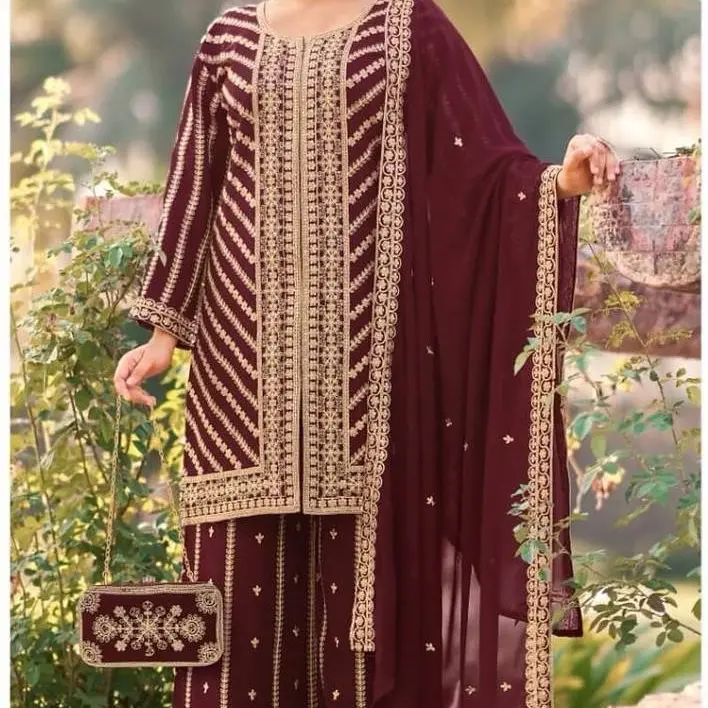 Wine Color Real Georgette Full Stitched Wedding Sharara Suit for Women (Sizes 36,38,40,42,44) with Matching Purse - $85 Price Tag