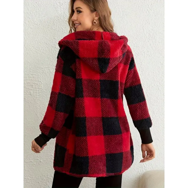 Women's Casual Tartan Hooded Everyday Jacket - Long Sleeves, Polyester Knit Fabric, Cold Weather Outdoor Sports Hooded Coat, Outdoor Wear