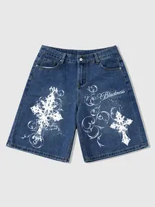 Men's Summer Gothic Cross Print Dark Wash Denim Shorts, Trendy Casual Fashion, Luxurious Pattern Loose Fit Knee-Length Streetwear Style Jeans