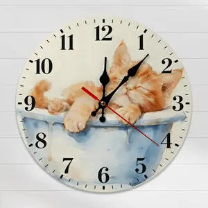 10 Inch Cute Sleeping Orange Kitten in Tub Wall Clock, Silent Watercolor Cat Decor Clock, Adorable Cat Art Home Decoration for Bedroom Bathroom, Perfect Gift for Cat Lovers & Pet Owners, DIY ASSEMBLY NEEDED