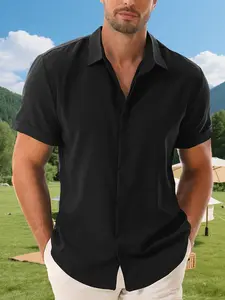 New Summer Men's Classic Fashion Party Invisible Button Shirt, Black Casual Short Sleeve Top, Relaxed Style Jacket for Camping Beach