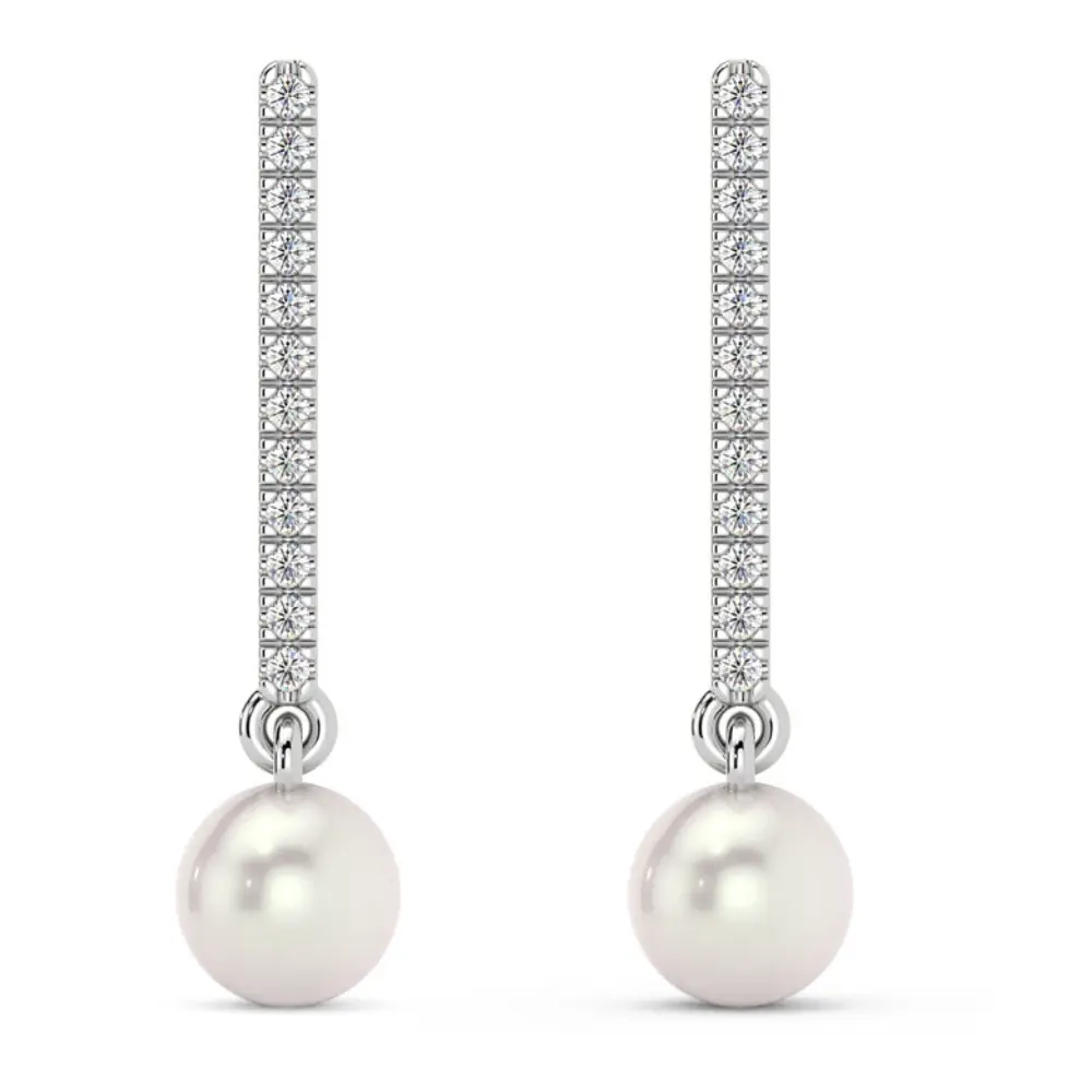 6mm Pearl & Diamond Dangle Earrings Women's 14k Gold Tennis Earrings Lab Grown