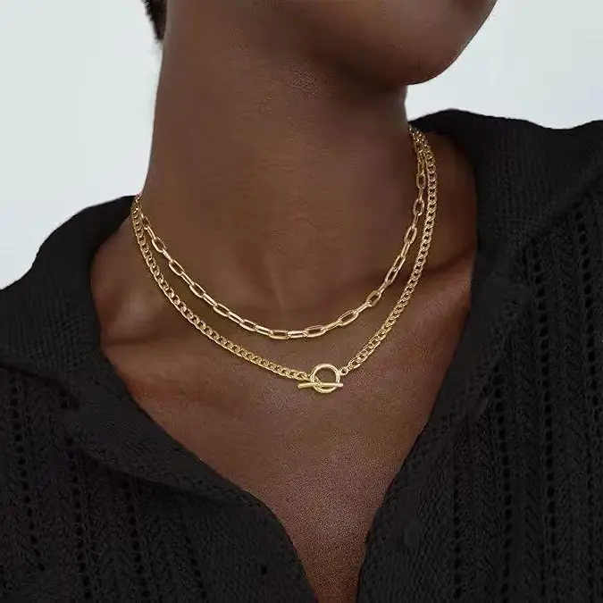 24K Gold-Plated & Silver-Plated 2-Color Layered Collarbone Necklace - Double-Layered OT Buckle, Loop-Cuban Chain Combination, European-American Simple Versatile Artificial Gemstone Jewelry occasion various fashionable accessory