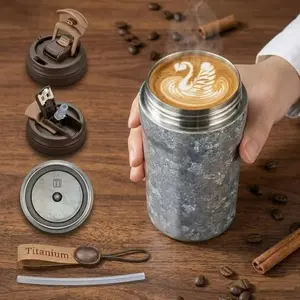 15oz Pure Titanium Travel Coffee Mug with Spout & Straw 3-in-1 Lid, Double-Wall Vacuum Insulated Portable Cup for Hot & Cold Drinks, 100% Leakproof Reusable Tumbler with Carry Strap, No Metallic Taste (Starlight Silver)
