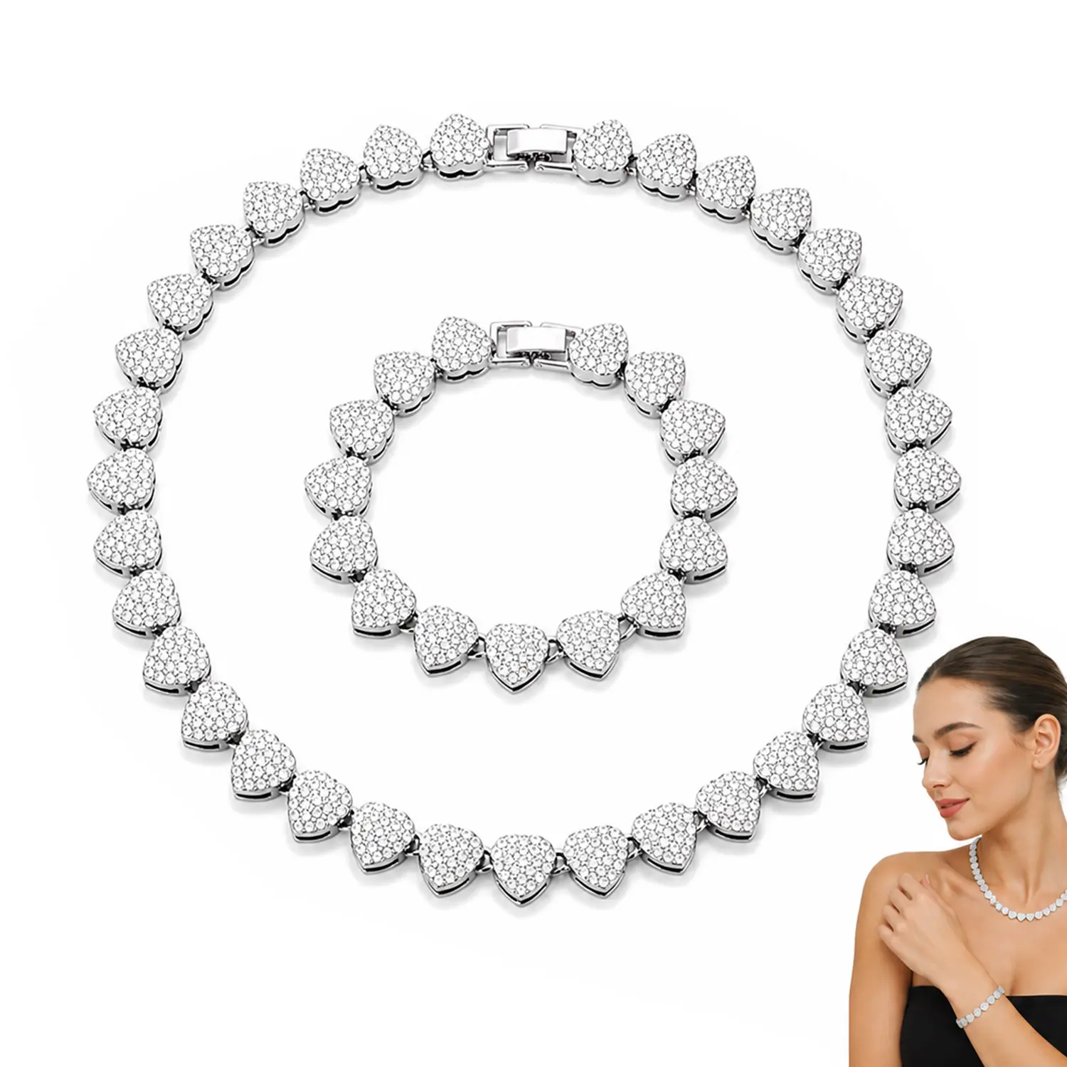 2pcs Set Heart Shaped Cuban Chain Necklace Set for &,Hip Hop Style Choker Set,Luxurious Jewelry Set for Valentine's Day Gifts, Birthday,Everyday & Party Wear, for Teenager