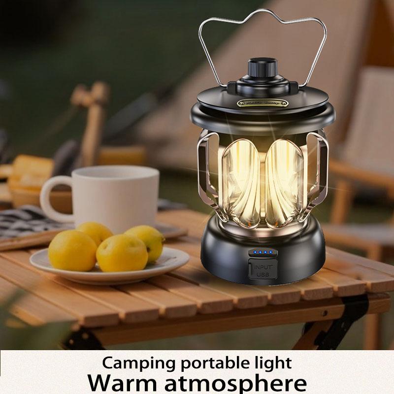 Vintage-style camping lamp, atmospheric portable lantern, flashlight with a metal hook for hanging, USB rechargeable with power output function, very suitable for fishing, household power outages, desktop lighting and emergency lighting