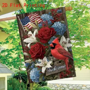 2D Flat Garden Flag Patriotic Cardinal Flowers Welcome Party Outdoor Indoor Home Decoration, Suitable for home, garden, patio, porch ,Holiday，Festival Party Decorations  Garden Flag