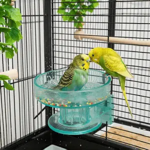 Quick-Lock Clip-On Cage Feeder & Bath 2-in-1, Transparent Perch Stand, Splash-Proof Leak-Resistant, Removable Washable, Hangs on Cage Door/Wire for Small Birds Daily Bathing & Feeding, Multi-Pet Use, Bird Supplies