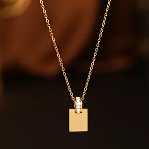 European and American Fashion English Square Necklace for Women, Ins Niche Design Sense, Versatile Diamond-Encrusted Pendant Necklace Chain
