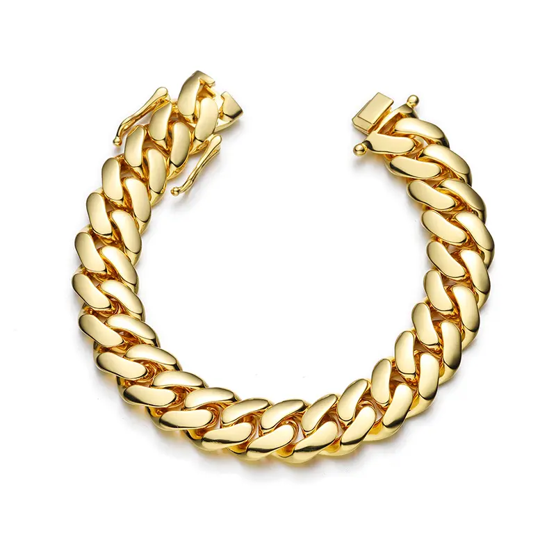 Men's 14mm Wide Hip-hop Stainless Steel 14K Gold Plated Cuban LINK Chain - Necklace/Bracelet with Quick Release Buckle, 7.5-30" Optional Length Costume Jewelry