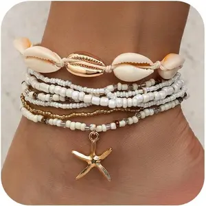 Shell Ankle Bracelet Set for Women, 14K Gold Boho Bead Adjustable Anklet, Hawaiian Beach Seashell Pearl Heart Starfish Conch Foot Jewelry Gifts