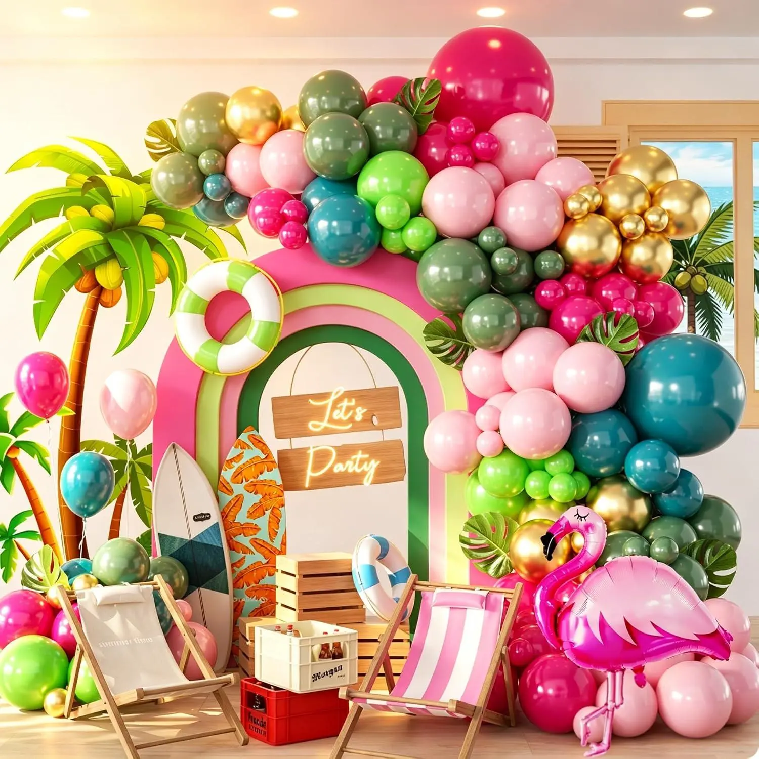 146Pcs Tropical Flamingo Balloon Arch Garland Kit, Hot Pink Dark Green Light Pink Lake Blue Gold With Flamingo Foil Balloons For Hawaiian Luau Aloha Summer Beach Birthday Party Decorations