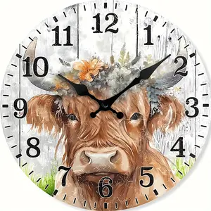Vintage Flowers Scottish Highland Cow Wall Clock with Floral Pattern - Silent Non-Ticking Wooden Digital Clock, Creative Decorative Clock, for home decor, Rustic Home Gift (AA Batteries Not Included), Large Digital Display