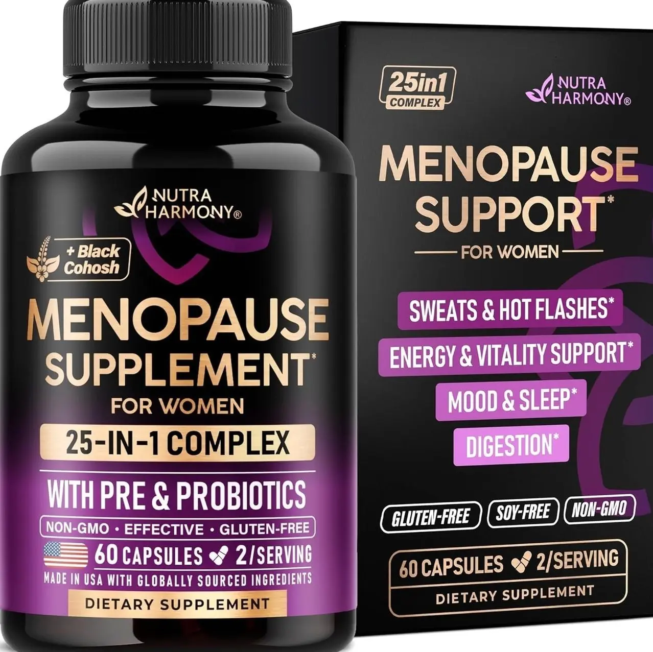 Menopause Supplements for Women - Black Cohosh, Pre & Probiotics - 60 Caps | Sweats & Hot Flashes Relief - Digestion, Sleep & Mood Support - 25in1 Complex - Dong Quai, Red Clover & Vitamins - Lab Tested