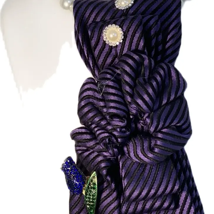 Ruthie's Creative Collection of Necktie Necklaces - Purple Striped Design with Pearl Accents and Rhinestone Details