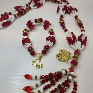 Chango Pulsera and Collar Set with Red Beads and Gold Pendant, Includes Beads and Collar