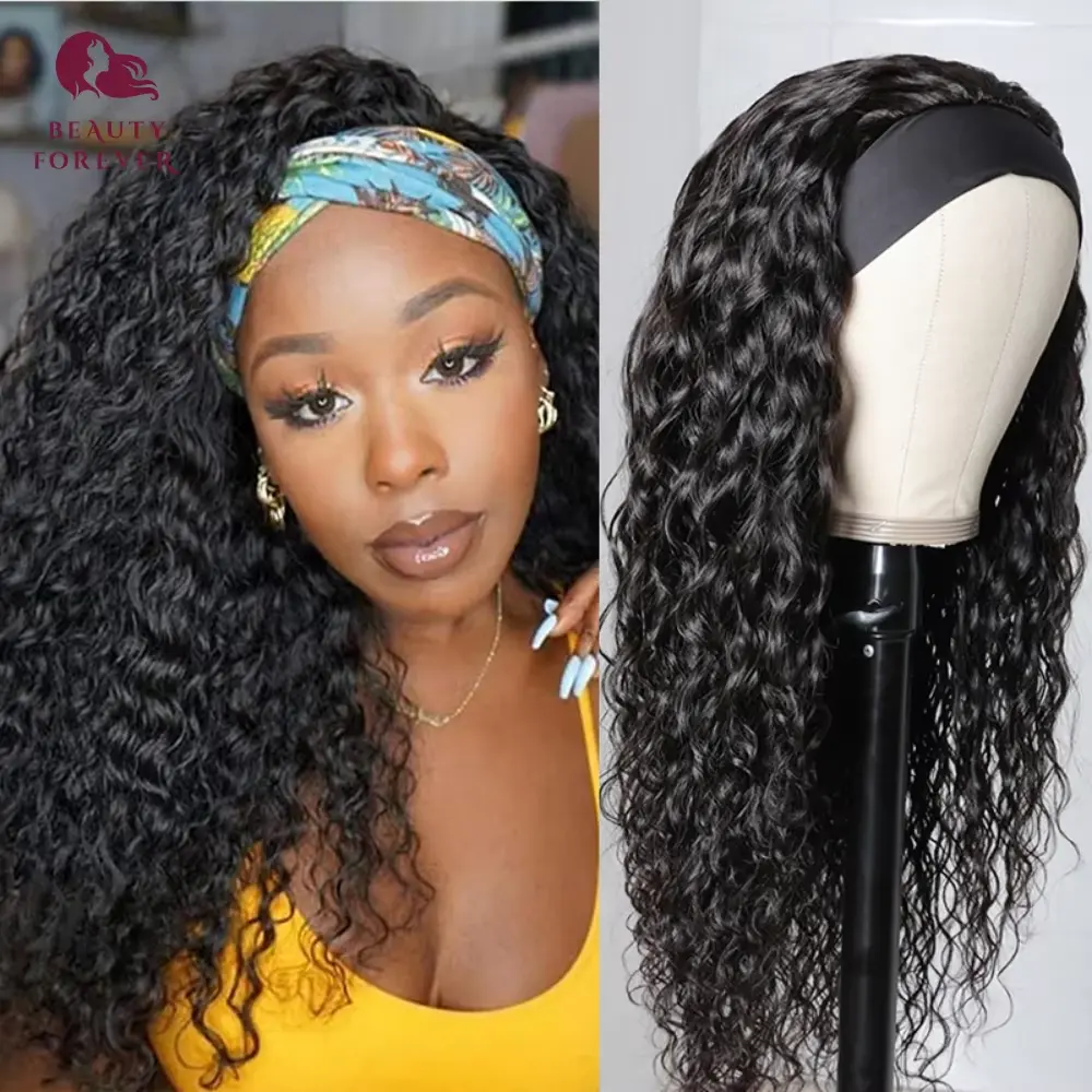 Beautyforever Female Water Wave Headband Wig for Adults, 180% Density Brazilian Virgin Human Hair, Smooth Wave Curls, Glueless, Beginner Friendly, Blends Easily, Virgin Hair, Body Wave