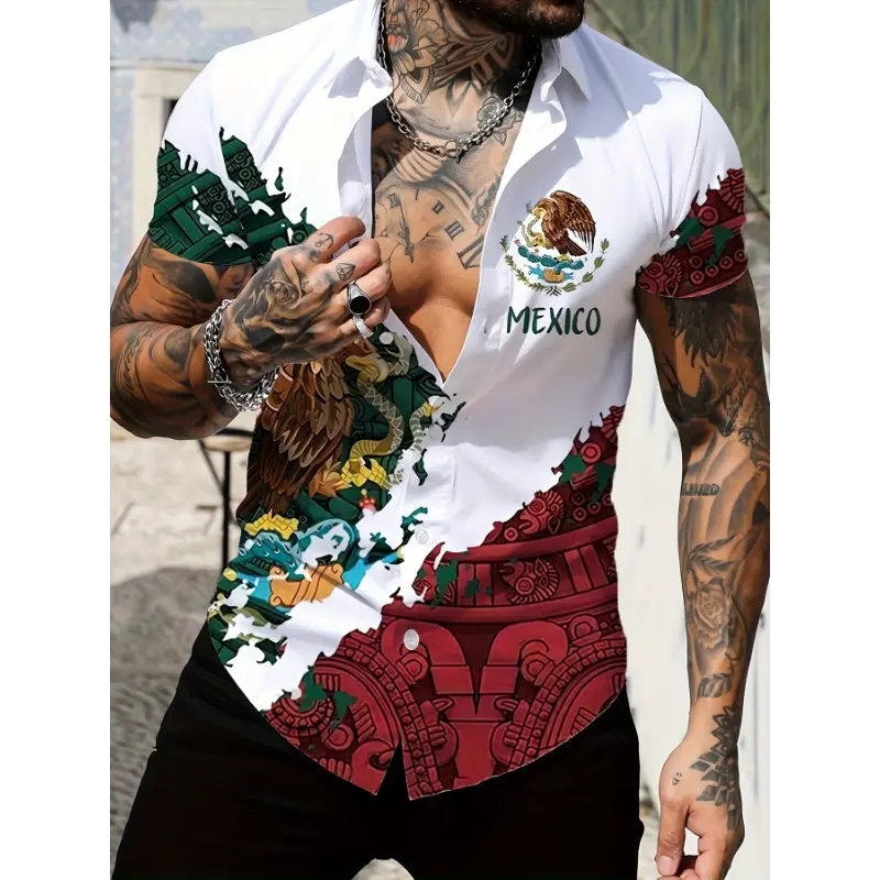 Men's Retro Colorblock Woven Shirt - Casual Loose-Fitting Short Sleeve, Eagle Graphic, Lapel Collar, Machine Washable Polyester Tops, Menswear Adult