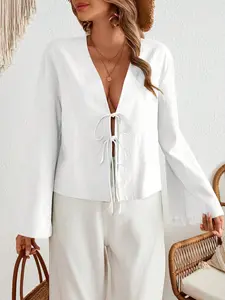 Women's Fall Winter Belted Cardigan, Fresh Elegant Style, V Neck, Double Layer Belts, Bell Sleeve Design, Perfect for Spring Summer