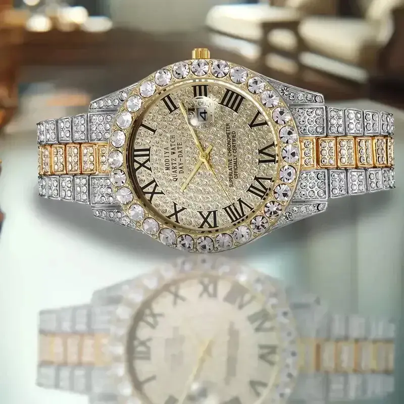 MaxBling81 Luxury Fashion Men's Metal Quartz Analog Watch - Hip-Hop 2-Tone Face, Iced Bling Simulated Diamonds, Round Dial, Date Display, Water-Resistant Accessory, Hip-Hop Face, Luxury Look, Male Watch, Quartz Wristwatch, Men's Watches