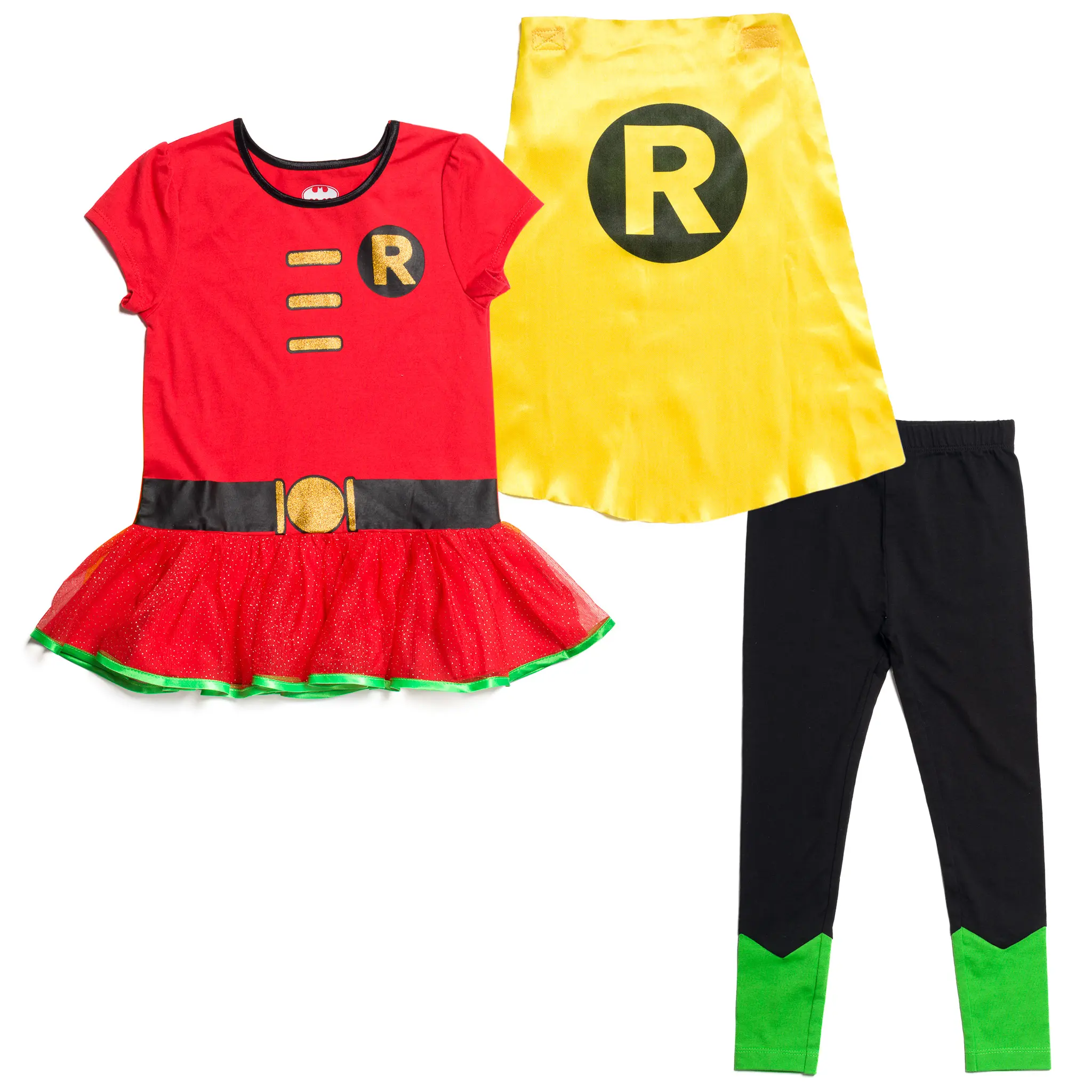 DC Comics Justice League Robin Girls' Cosplay Costume Tee, Cape and Leggings Outfit Set with Glitter and Ruffle Red Green Toddler to Big Kid