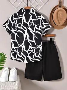 Kikofendy Boys' Fashion Casual Asymmetrical Colorblock Print Short Sleeve Shirt + Shorts Loose Fit Set, Summer Clothing Set, Trendy Kids, Comfortable and Stylish