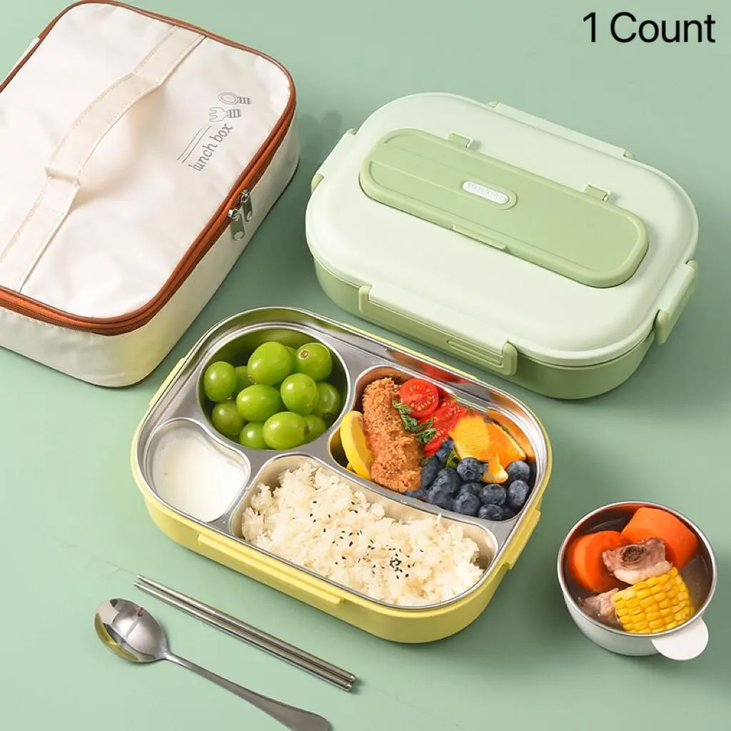 4-grid Lunch Box with Cutlery & Thermos Bag & Soup Bowl, 1 Set Portable Lunch Container, Lunch Box for Adults & Students, Bento Boxes, Kitchen Accessories