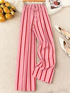 1Pc Women's Pink Red Striped Wide Leg Pants Drawstring Waist Casual Trousers