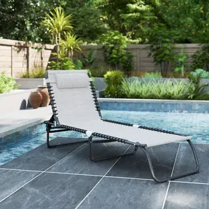 Folding Chaise Lounge Pool Chair with 4-Position Reclining Back Pillow Breathable Mesh Bungee Seat Cream White Outdoor Ready Portable & Versatile