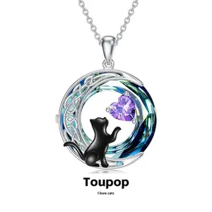 S925 Sterling Silver Celtic Gifts Cat Moon Birthstone Necklace with Round Crystal Jewelry Birthday  Christmas Gifts for Women Friend Mom b0