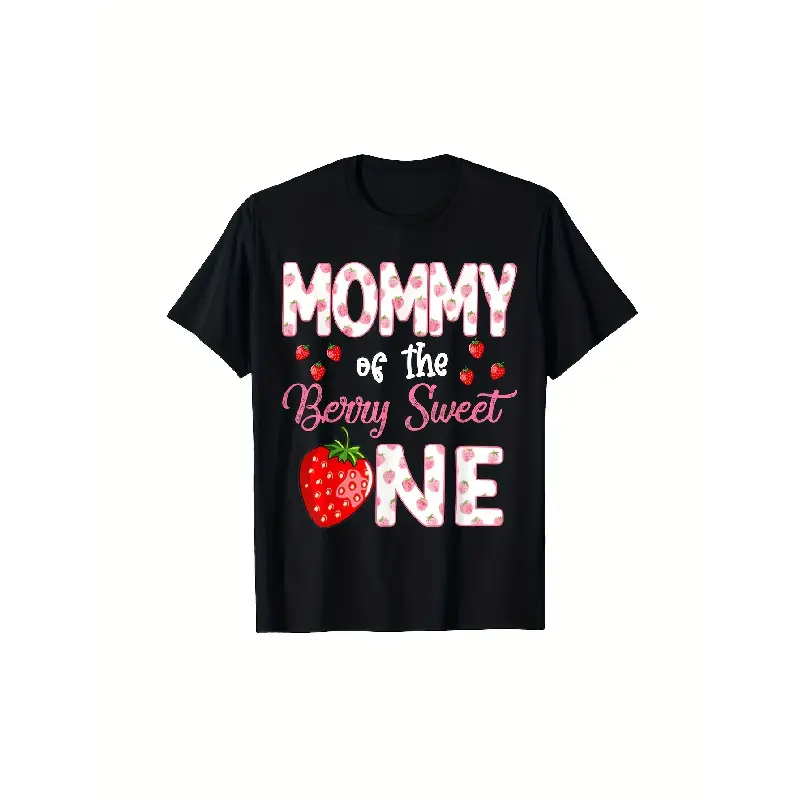 Men's "Mommy Of The Berry Sweet 1 Strawberry" 1st Birthday Graphic Tee, Casual Round Neck Short-Sleeve Chic Korean Cartoon Top, Slight Stretch Fabric, Regular Fit, All-Season, Ideal for Outdoor Activities