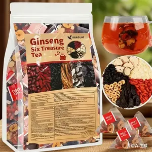 Six Treasures Ginseng Tea | Herbal wellness tea made with genuine ingredients: ginseng, goji berries, red dates, American ginseng (Huangjing), and plum fruit