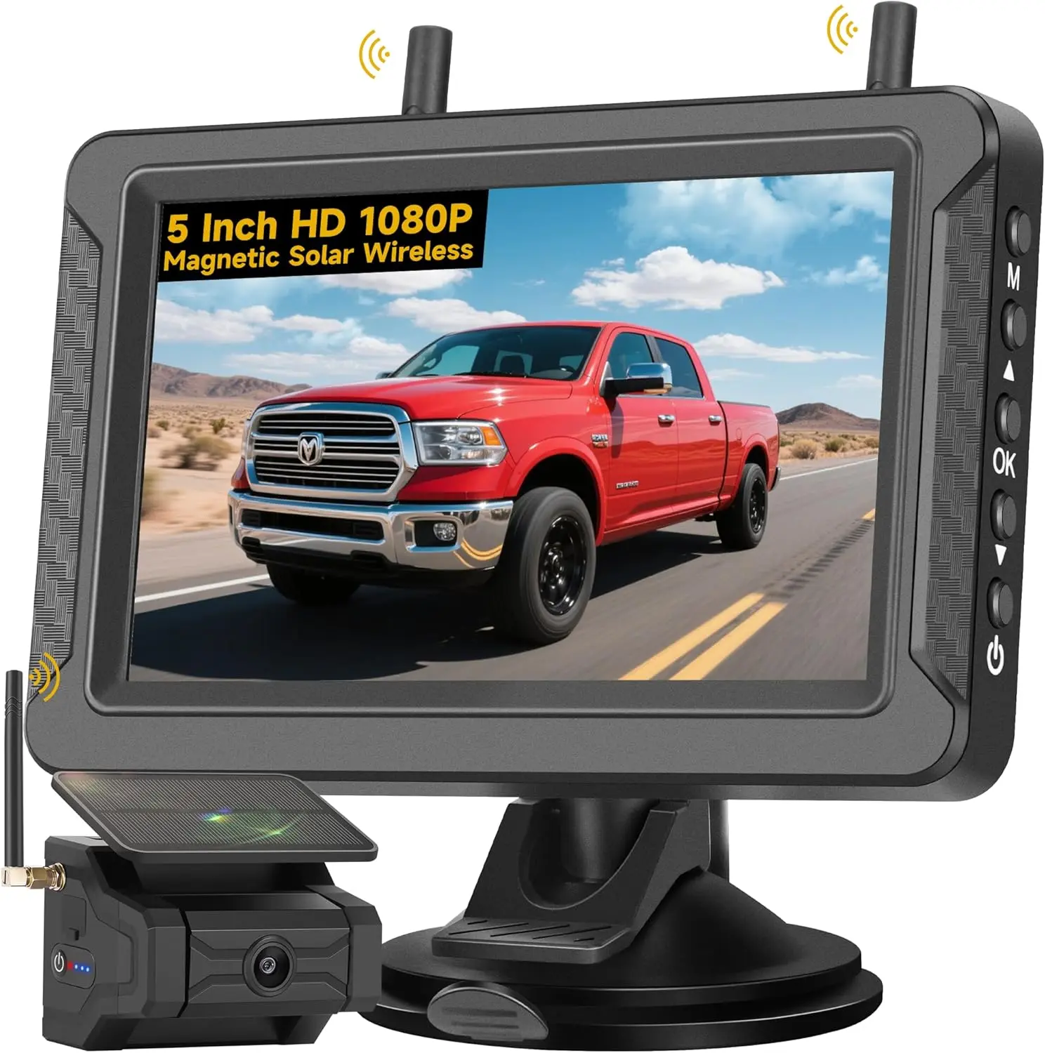 Solar  Backup Camera for  RV  Trailer Camper:  1080P No Wiring No Drilling 150 Wide Angle IP69K  Rechargeable Portable Backup Camera with 5" IPS 2-Split