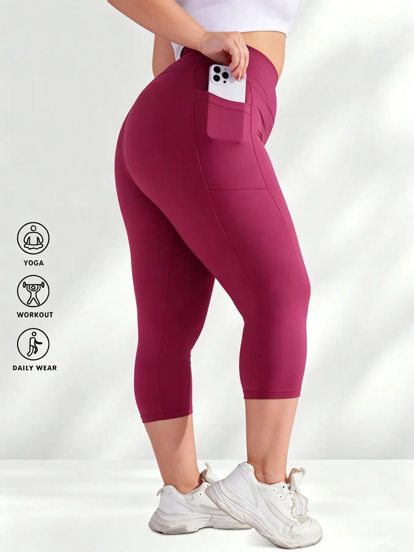 Women's Polyester Elastane Capri Pants -High Waisted Colored Cropped Pants, Tummy Control 4-Way Stretch, Moisture-Wicking Non-See-Through For Cycling, Walking, Office