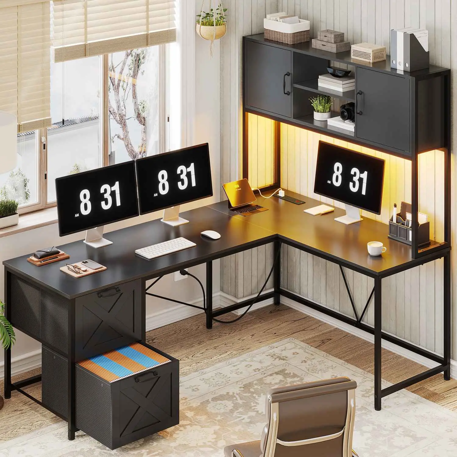 SIKAIC 86.6" L-Shaped Gaming Desk with LED Lights - Black Corner RGB Gaming Desk Computer Armoires (18.9"d x 62.2"w x 65"h, 77 lbs) for Home Office Setup, Assembly Required