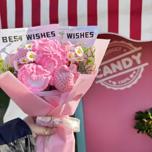 Handmade Crochet Bouquet, 1 Count Pink Tulip & Carnation Bouquet, Decorative Flower Bouquet for Home Party Wedding Anniversary Festival, Fruit,Gifts For Women