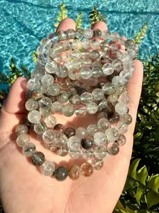 8mm Green Phantom Garden Quartz Beaded Stretch Bracelet | Natural Inclusion Quartz Jewelry