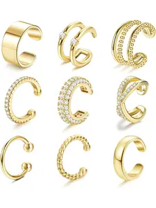 Brilliant 9 Pcs Golden Silvery Open Ear Cuffs Retro Non Piercing Copper Earrings for Women Men Trendy Lightweight Clip on Fake Earrings Non Pierced Cartilage Ear Cuff Jewelry Set